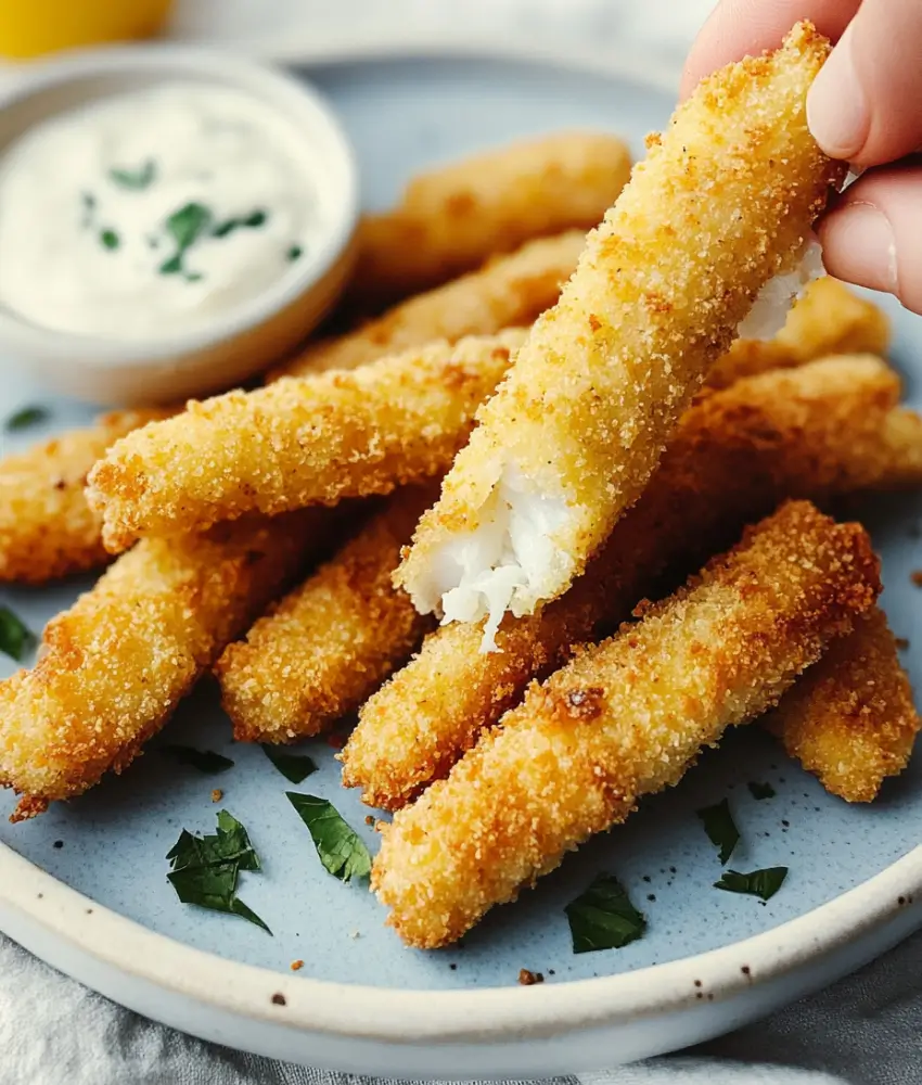 A hand holding a crispy fish stick with flaky white fish inside, served on a plate with fresh parsley and a creamy dip in the background.