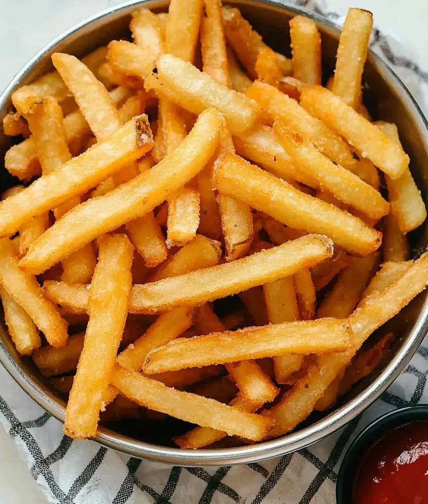 A bowl filled with golden, crispy French fries placed on a checkered napkin, served with a side of ketchup.