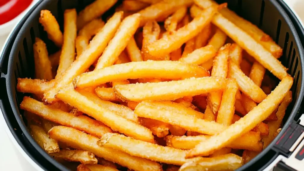 A close-up of crispy golden French fries inside an air fryer basket, perfectly cooked and ready to serve.