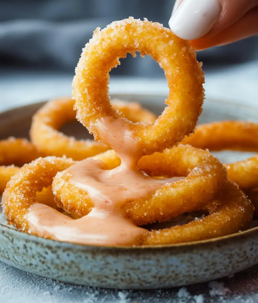 A hand holding a golden onion ring dipped in creamy sauce, with a plate of crispy onion rings in the background.