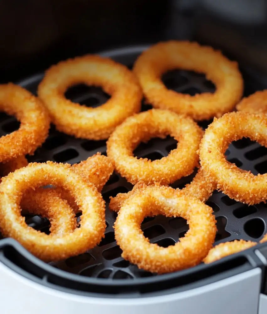 Golden brown onion rings in an air fryer basket, freshly cooked to crispy perfection.