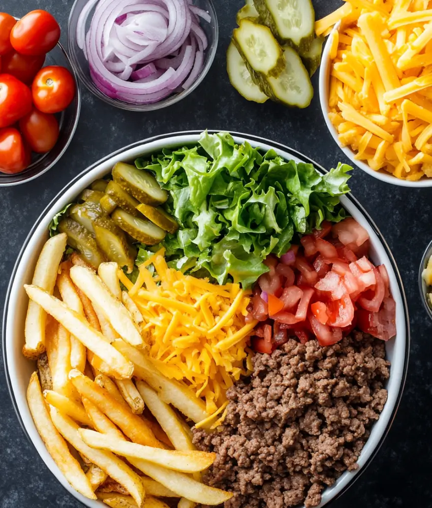 A colorful deconstructed burger bowl featuring ground beef, French fries, shredded cheddar cheese, lettuce, diced tomatoes, and pickle slices. Surrounded by small bowls of cherry tomatoes, sliced red onion, and extra toppings.