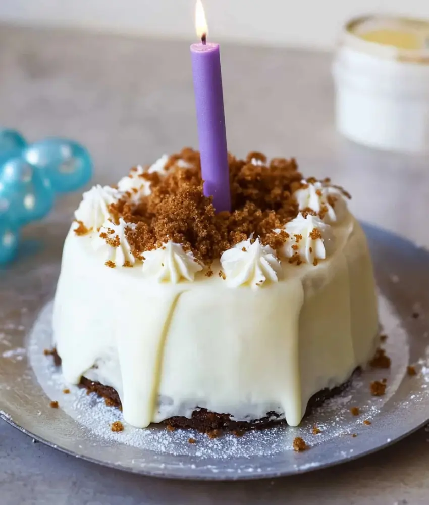 A small birthday cake for a cat, decorated with white frosting, brown crumbles, and a lit purple candle, sitting on a silver plate.