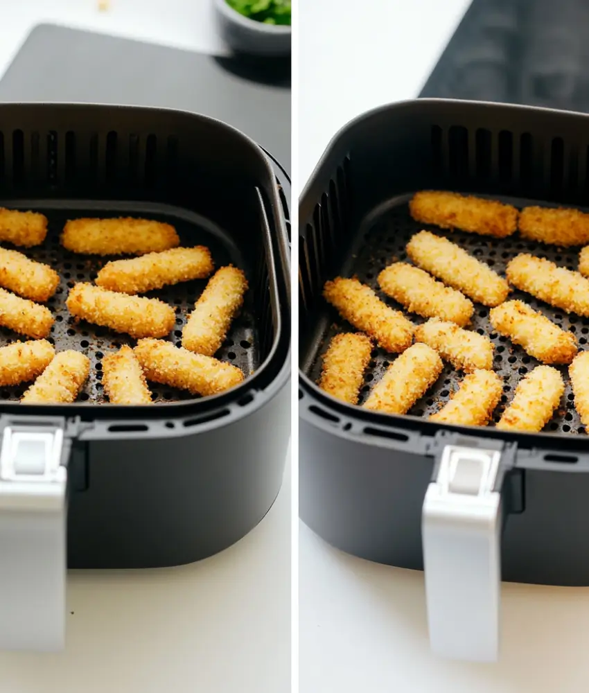 Side-by-side comparison of fish sticks in an air fryer, uncooked on the left and golden-brown on the right.