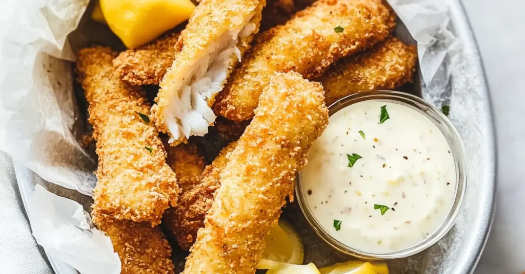 A plate of golden, crispy fish sticks served with tartar sauce and lemon wedges, prepared in an air fryer.