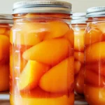 Close-up of glass jars filled with golden, syrupy canned peach slices, sealed with silver lids.