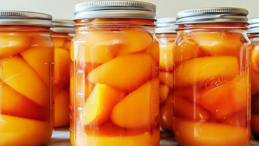 Close-up of glass jars filled with golden, syrupy canned peach slices, sealed with silver lids.