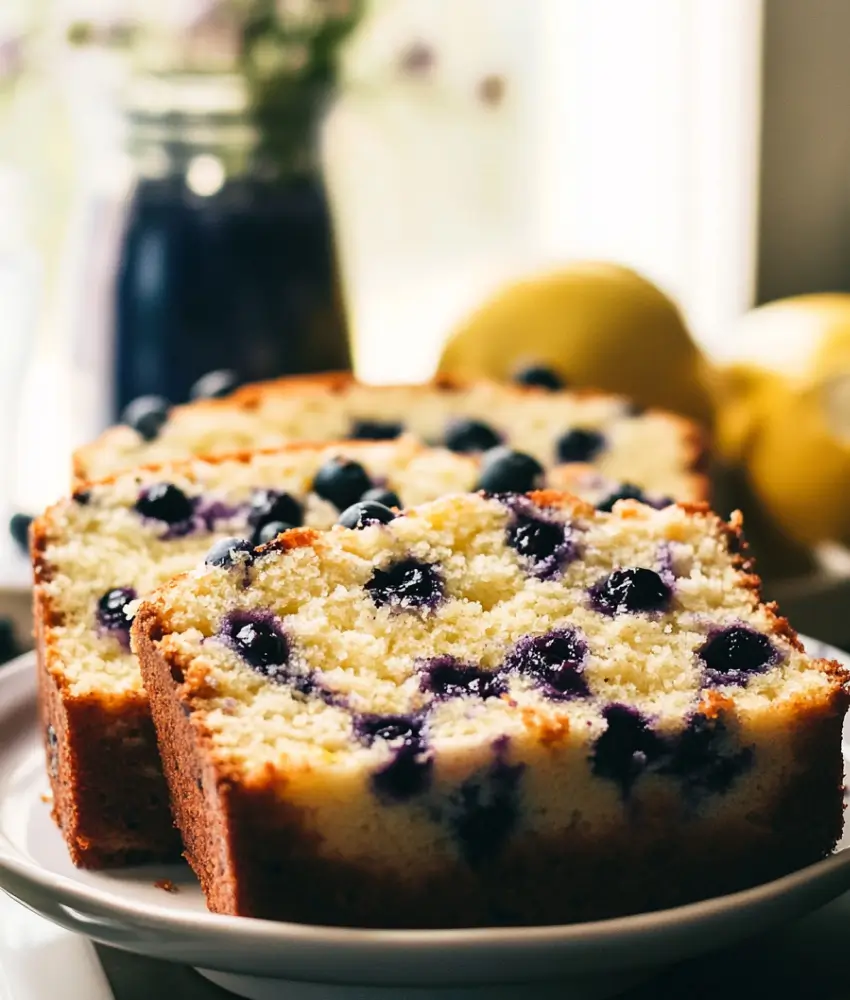 Close-up of sliced lemon blueberry loaf cake on a plate, garnished with fresh blueberries and lemon wedges.