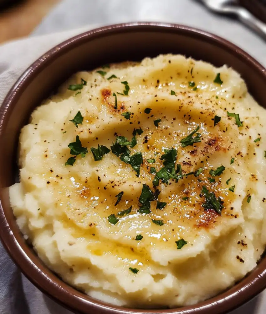 A close-up of creamy mashed potatoes made with Boursin cheese, topped with golden butter, parsley, and cracked black pepper, served in a brown bowl.