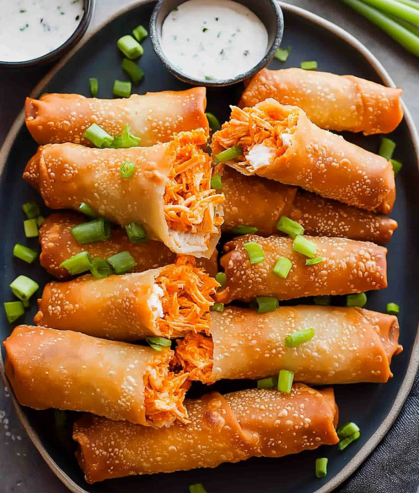 A platter of golden-brown buffalo chicken egg rolls garnished with green onions, served with creamy ranch dipping sauce on the side.