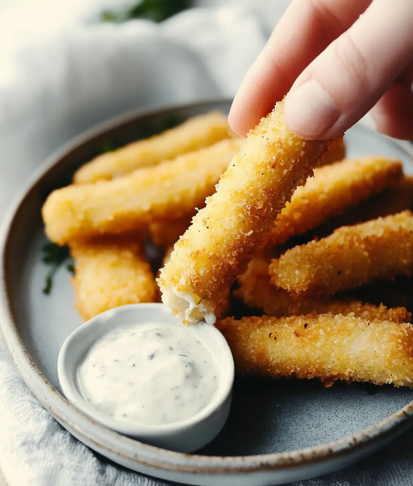 A hand holding a crispy fish stick dipped in a creamy herb sauce, with more fish sticks arranged on a plate in the background.