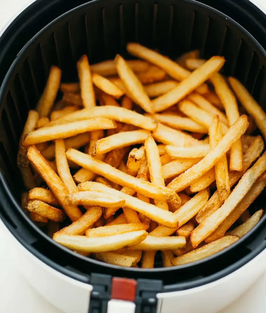 A batch of golden, crispy French fries inside an air fryer basket, freshly cooked and ready to serve.