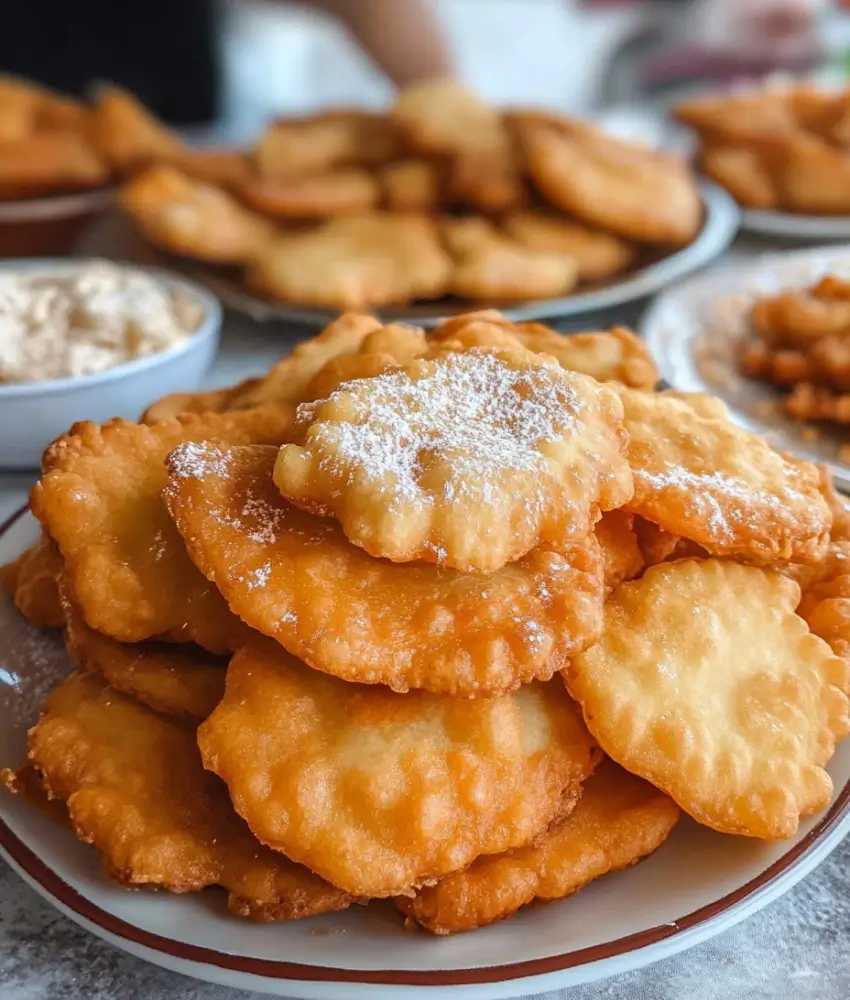 A plate of stacked golden-brown Mexican buñuelos, lightly dusted with powdered sugar, with additional plates of buñuelos and dipping sauces in the background.