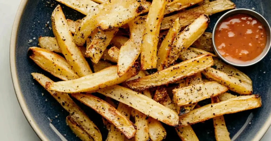 A plate of golden and crispy air fryer home fries seasoned with black pepper, served with a small bowl of red dipping sauce.