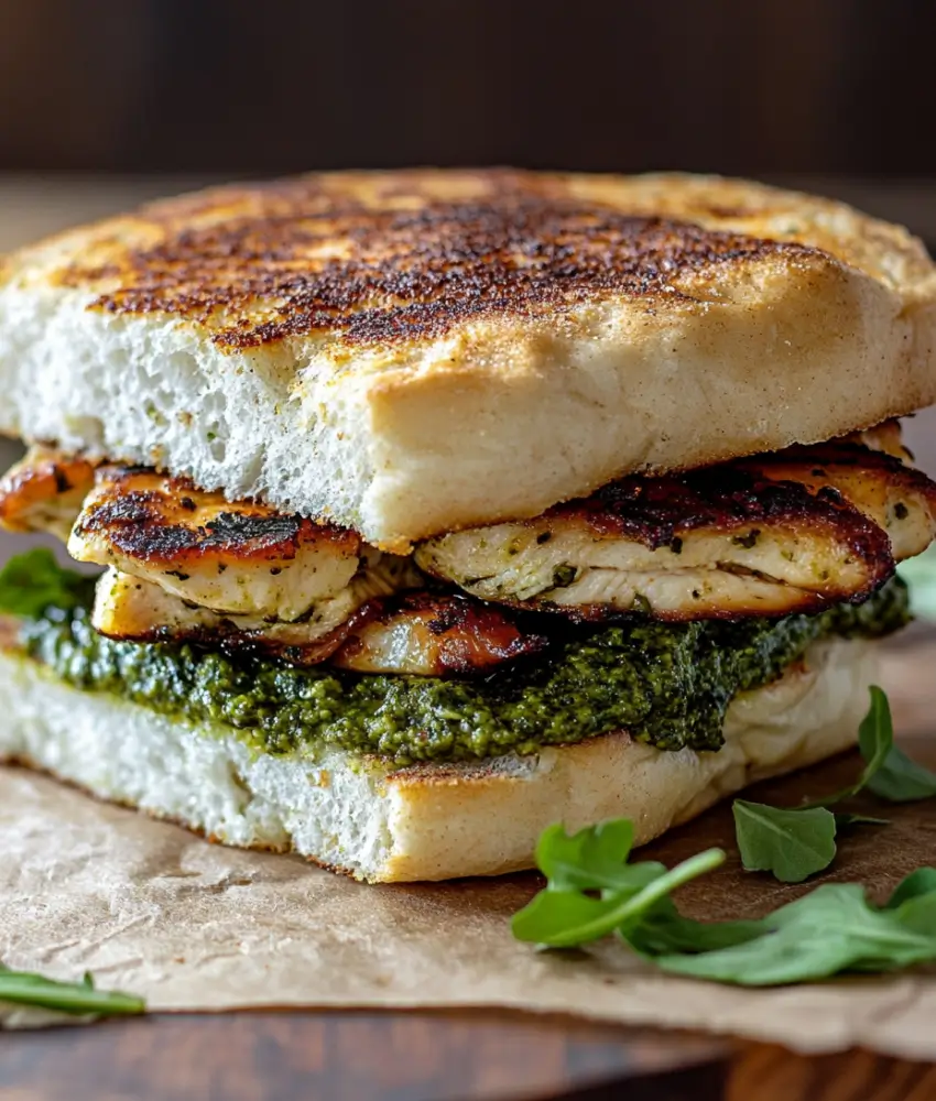 A hearty grilled chicken pesto sandwich with golden ciabatta bread, juicy chicken, vibrant pesto, and fresh arugula on parchment paper.