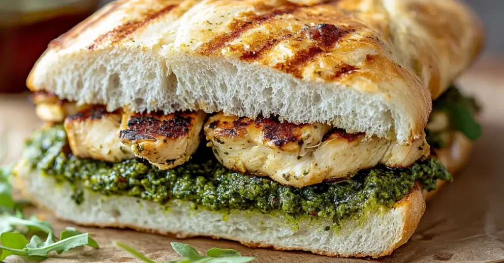 Close-up of a grilled pesto chicken sandwich on ciabatta bread, featuring juicy grilled chicken, fresh green pesto, and arugula.