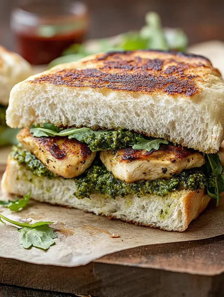 Close-up of a grilled pesto chicken sandwich on ciabatta bread, layered with fresh arugula and pesto, served on parchment paper.