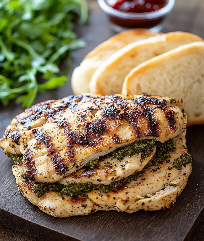 Grilled chicken breast layered with pesto, served on a wooden board with fresh bread slices, arugula, and a small bowl of sauce in the background.