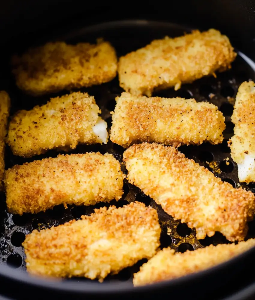 Golden, crispy fish sticks arranged in an air fryer basket during the cooking process.