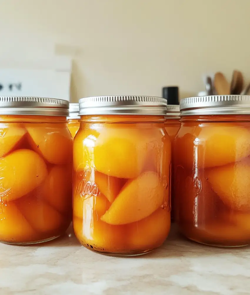 Three glass jars filled with golden canned peach slices in syrup, sealed with silver lids, on a kitchen counter.