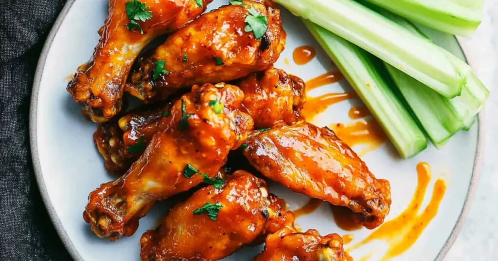 image shows a plate of honey buffalo wings glazed with a rich orange sauce, garnished with chopped parsley. On the side, fresh celery sticks provide a crisp contrast to the spicy-sweet wings.