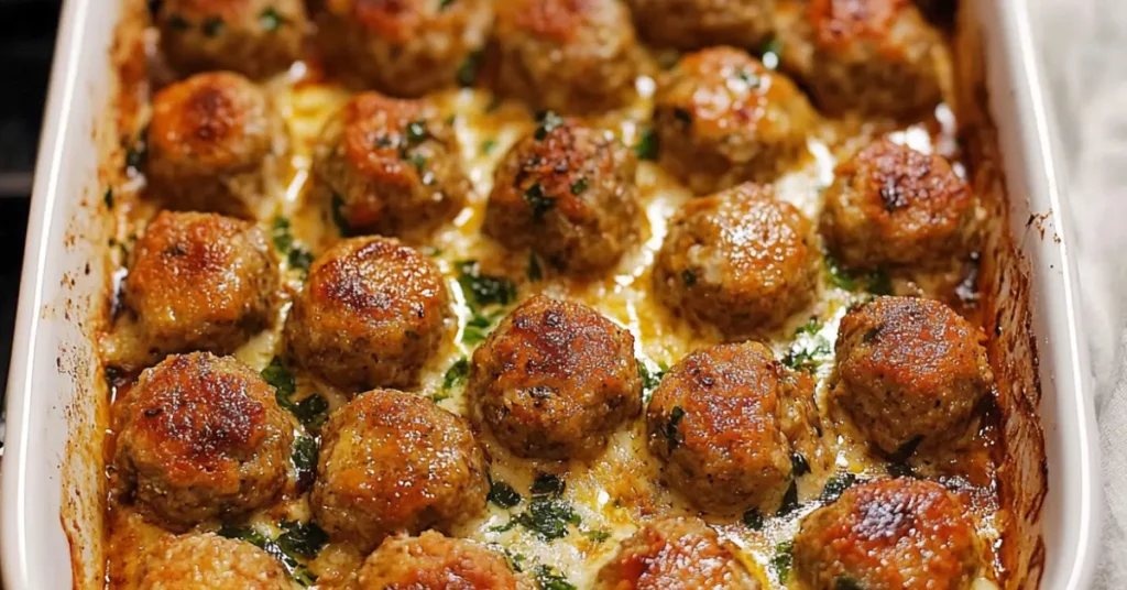 image shows a casserole dish filled with baked turkey meatballs, golden brown on top and garnished with fresh herbs. The meatballs sit in a light sauce, likely from baking juices and seasonings, giving them a delicious, glazed appearance.