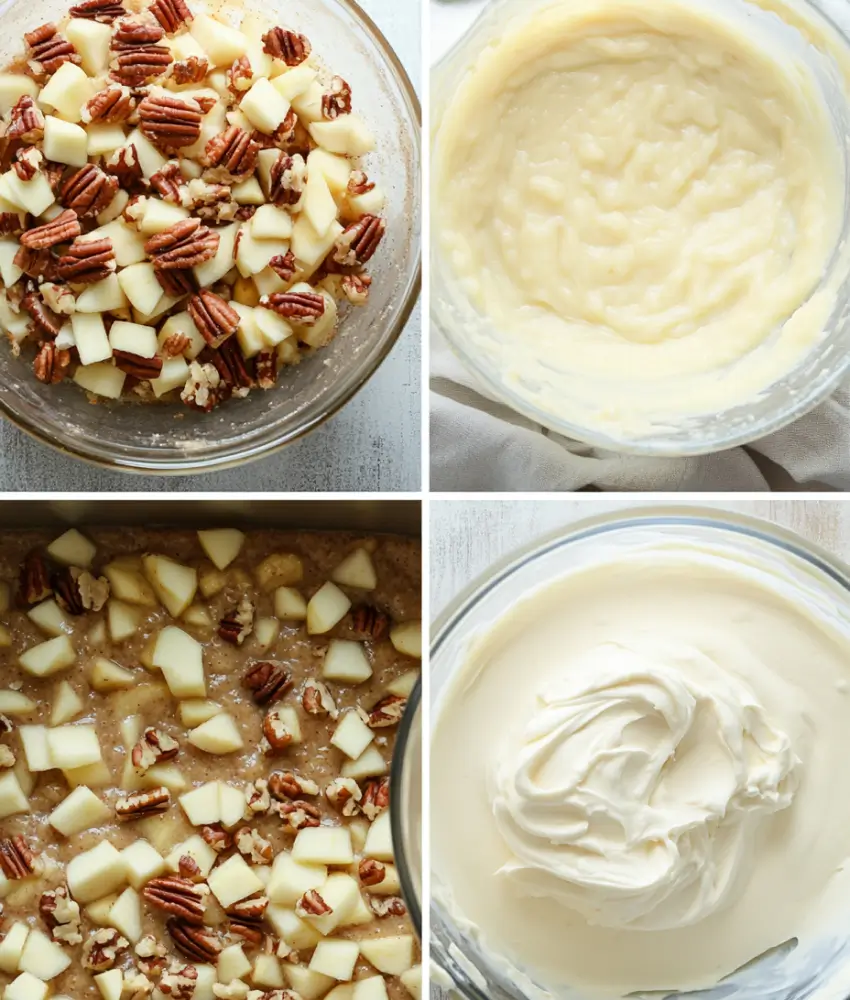 A collage of four photos showing steps to make apple spice cake. Top left: a bowl with chopped apples and pecans. Top right: a bowl of creamy, smooth batter. Bottom left: cake batter in a baking pan topped with apples and pecans. Bottom right: a bowl of whipped frosting, ready to spread.