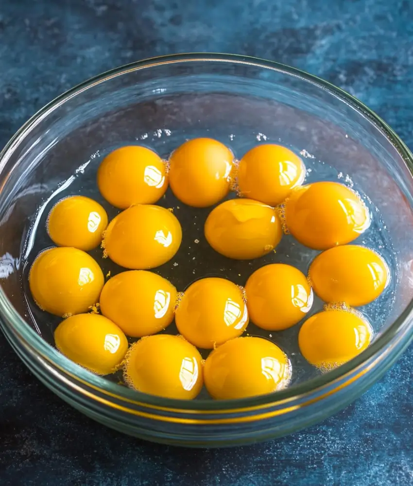 features a glass bowl filled with vibrant yellow egg yolks against a dark blue background. The glossy surface of the yolks highlights their freshness, making it an ideal preparation step for a baking or cooking recipe