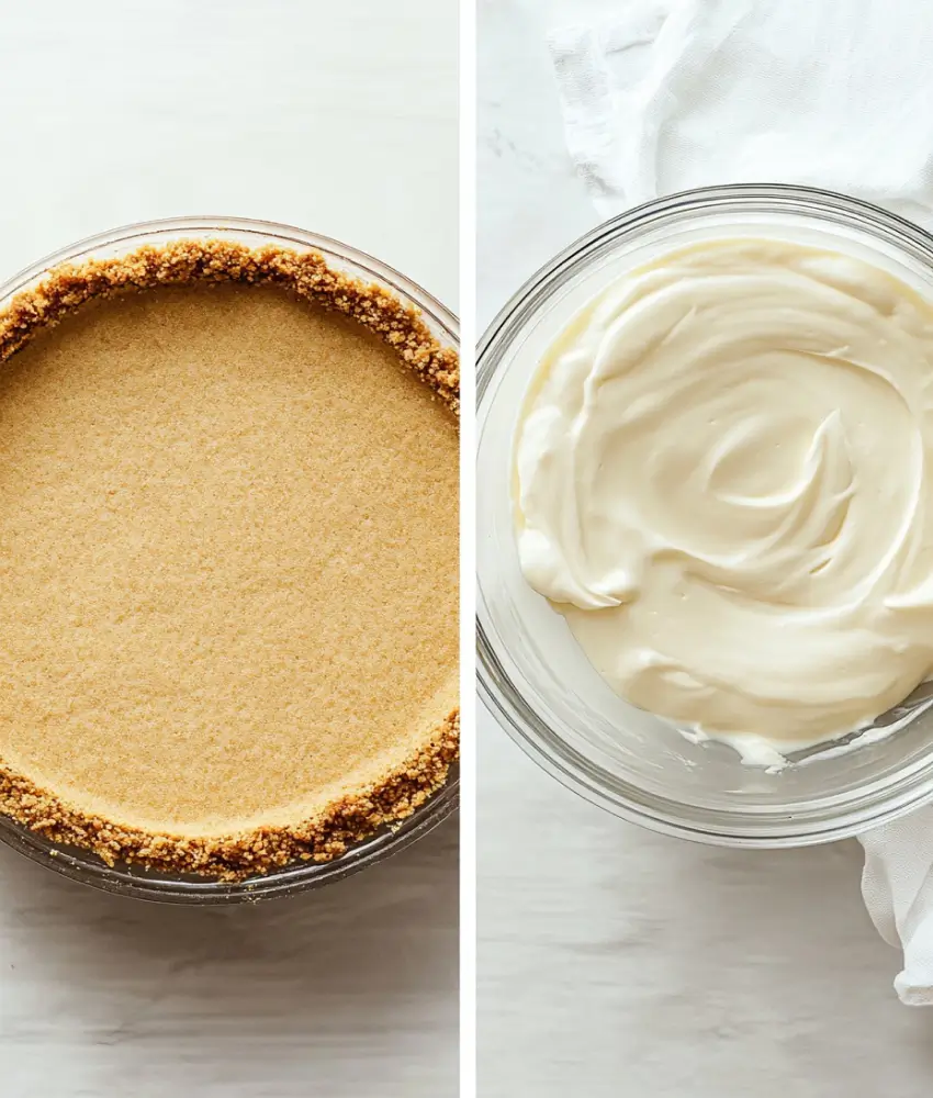 Side-by-side images of a graham cracker crust in a pie dish and a bowl of creamy cheesecake filling, ready for assembly.