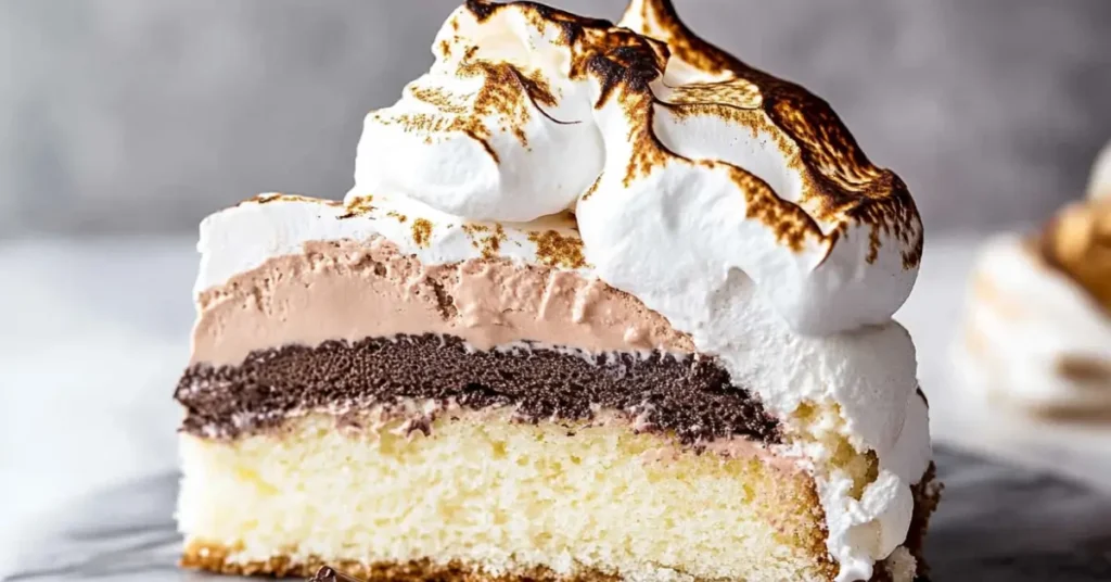 A slice of Baked Alaska with layers of creamy ice cream, a graham cracker base, and a fluffy meringue topping dusted with cocoa powder. The dessert sits on a plate with powdered sugar and caramel drizzle.