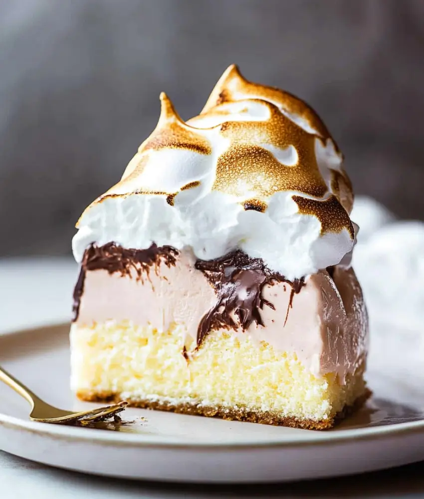 A decadent slice of Baked Alaska with a chocolate brownie base, vanilla ice cream, and chocolate ganache, all topped with toasted meringue. The layers showcase a rich and indulgent dessert.