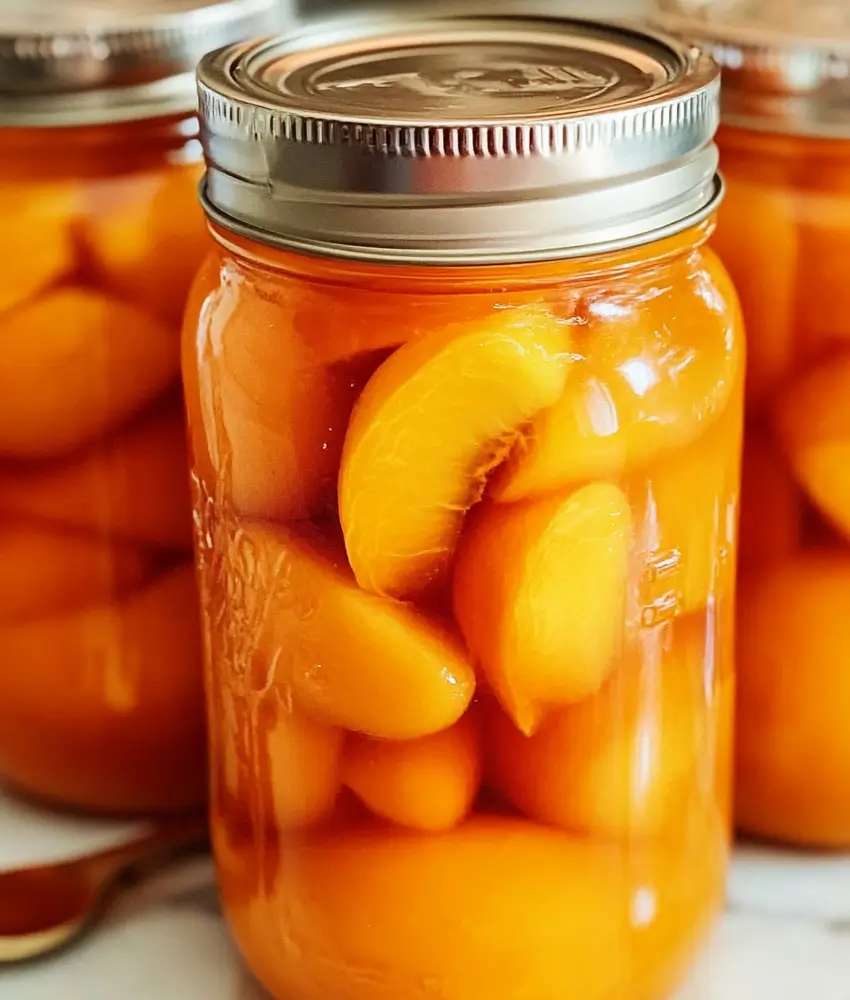 Close-up of a glass jar filled with vibrant orange peach slices in syrup, sealed with a silver lid.