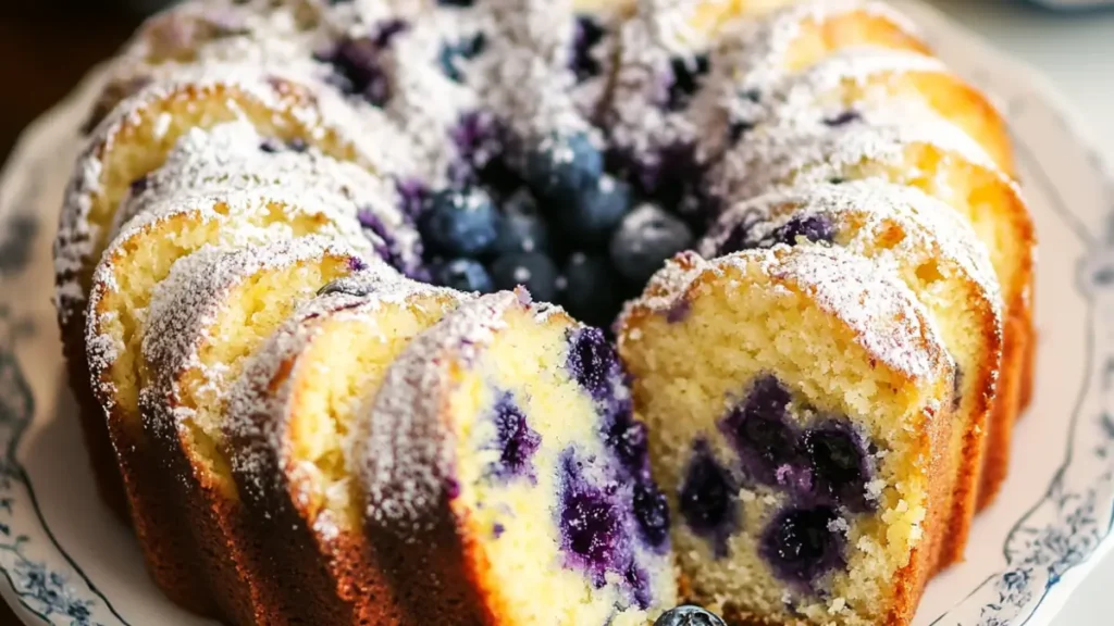 Close-up of a sliced lemon blueberry pound cake topped with powdered sugar and fresh blueberries in the center.