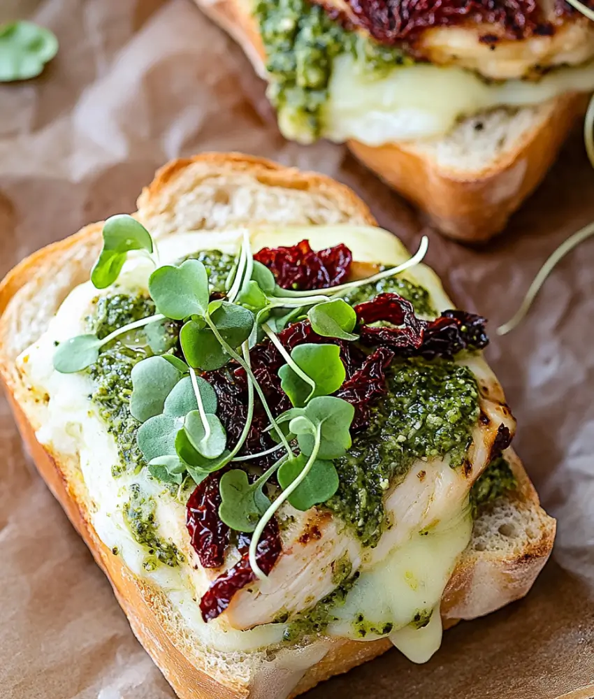 An open-faced pesto chicken sandwich topped with melted cheese, sun-dried tomatoes, and fresh microgreens on toasted bread.