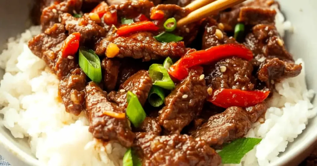 Sweet and savory beef with red bell peppers and green onions over a bed of white rice.