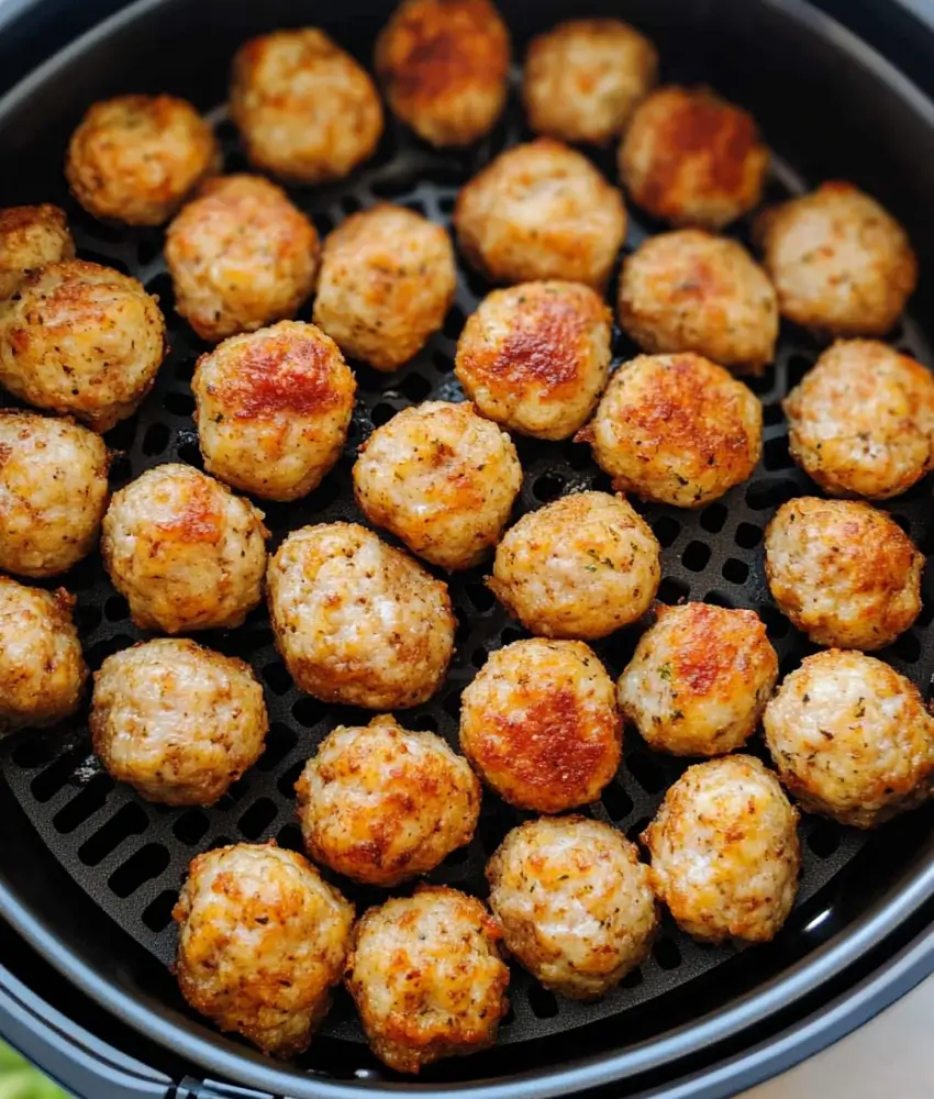 Golden-brown meatballs evenly spaced in an air fryer basket, ready to serve.