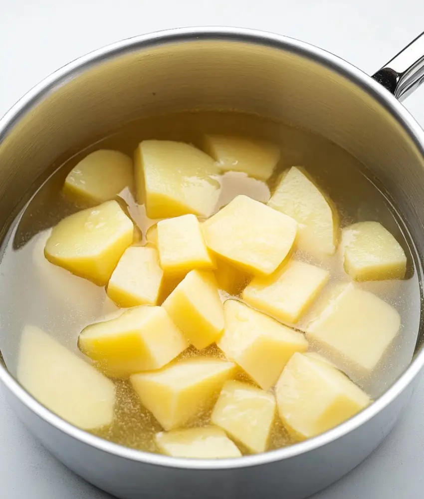 Cubed potatoes boiling in a stainless steel pot filled with water, preparing for mashed potatoes.