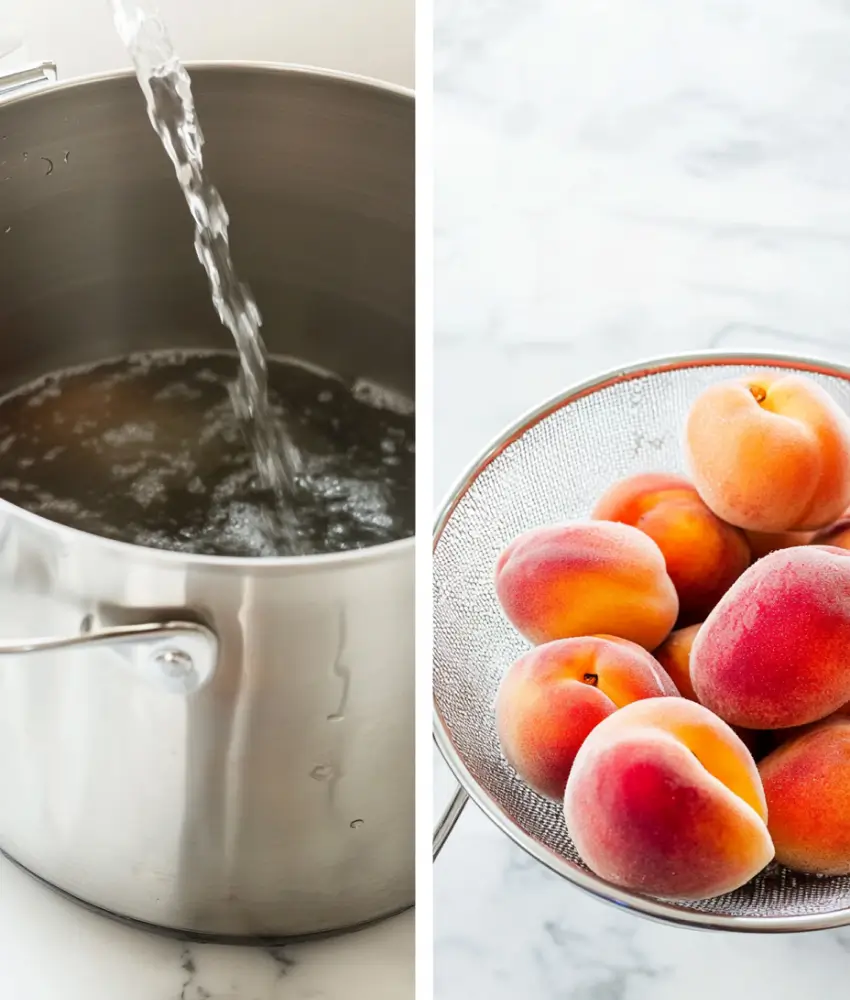 Side-by-side image showing boiling water being poured into a pot and fresh peaches in a colander ready for canning.