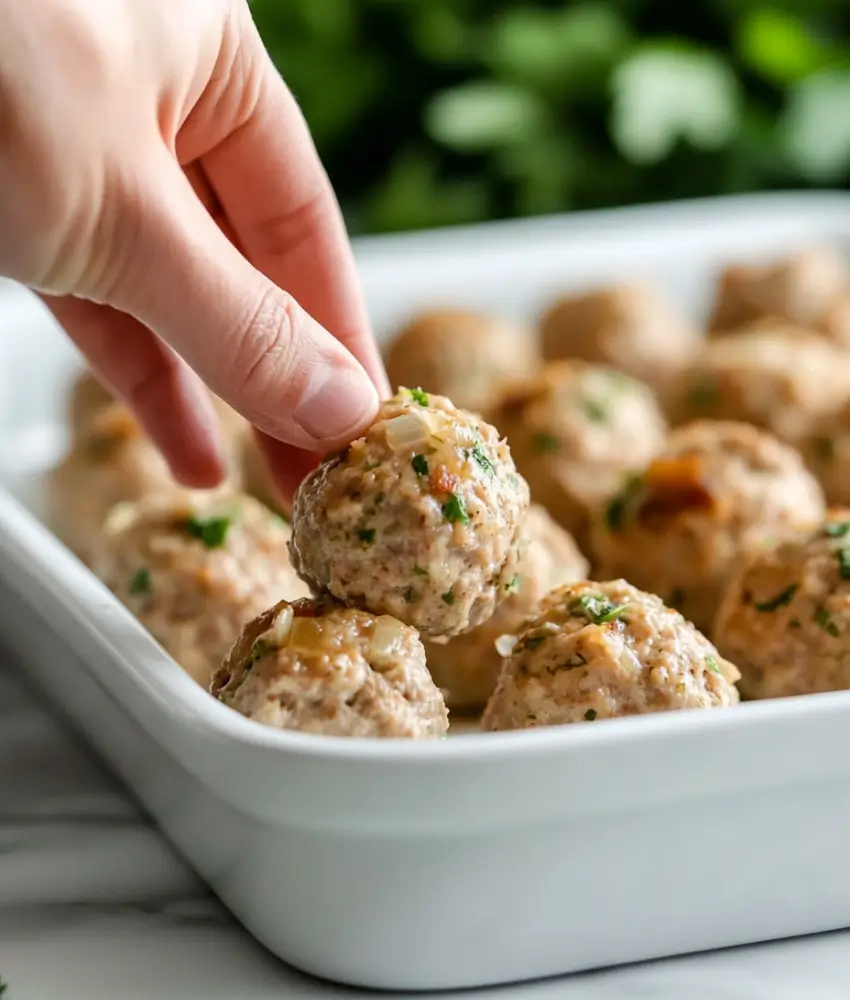 image features a hand picking up a freshly cooked turkey meatball from a white dish filled with similar meatballs. The meatball appears moist and garnished with herbs, highlighting its homemade and wholesome preparation.