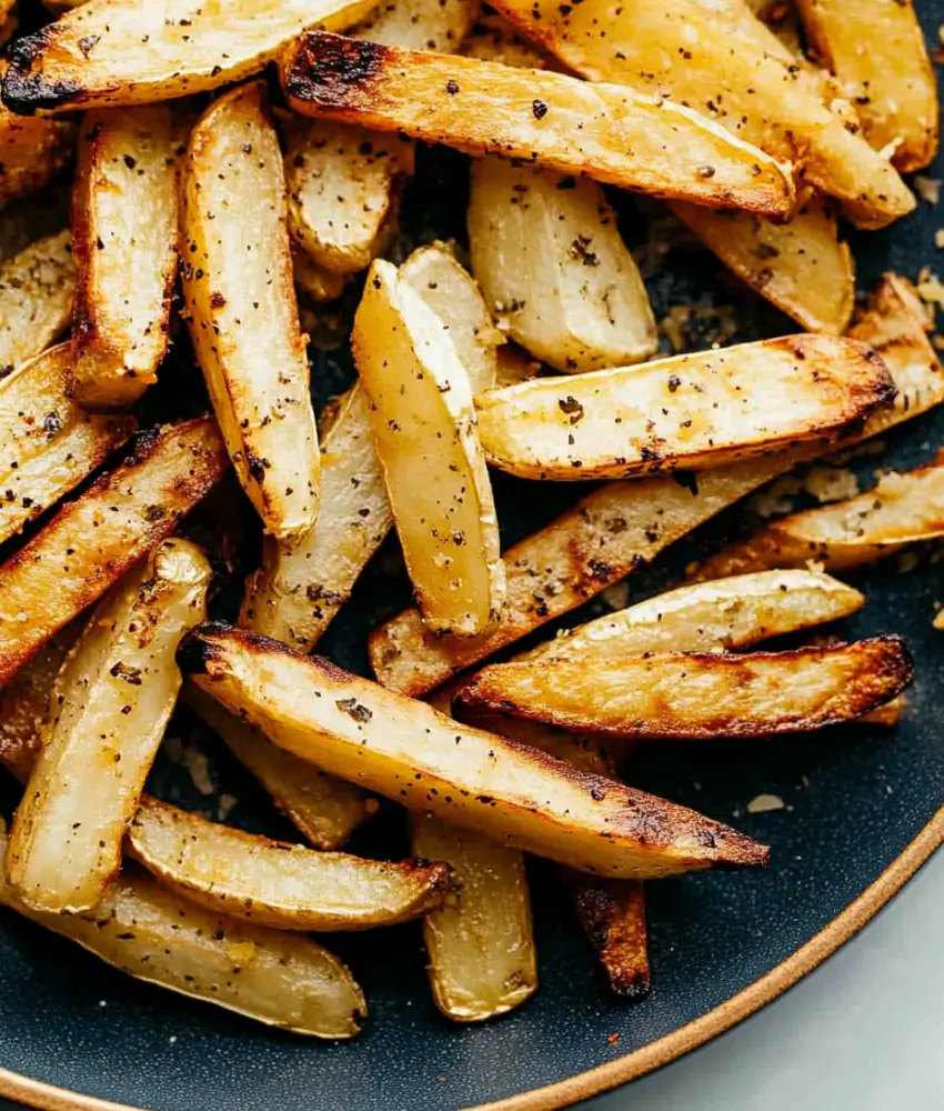 Golden brown air fryer home fries seasoned with black pepper and salt, served on a dark plate.