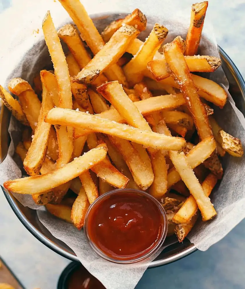 A metal bowl lined with parchment paper, filled with golden, crispy seasoned French fries, served with a small bowl of ketchup.