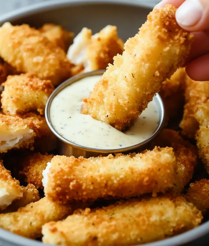 A hand dipping a golden, crispy fish stick into a cup of creamy dipping sauce, surrounded by more fish sticks.