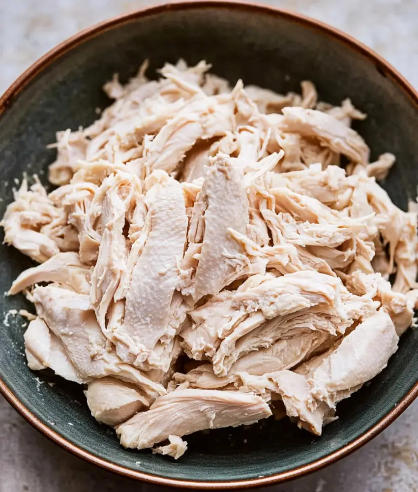 A bowl filled with freshly shredded boiled chicken on a rustic background.