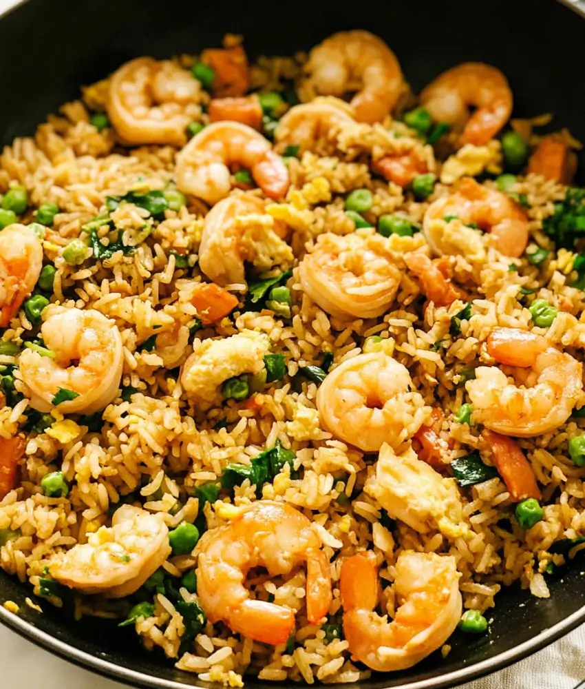 Fried rice with shrimp, eggs, peas, and carrots in a black skillet.