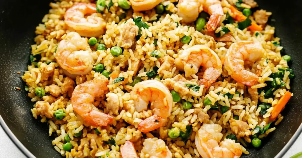 Close-up of shrimp fried rice with peas, carrots, and egg in a black skillet.