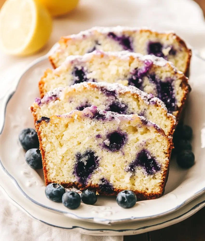 Slices of lemon blueberry loaf cake dusted with powdered sugar, served on a white plate with fresh blueberries and lemon in the background.