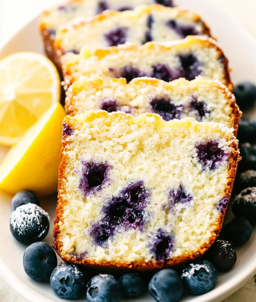 Freshly sliced lemon blueberry loaf cake with juicy blueberries, served on a white plate, with lemons and a jar in the background.