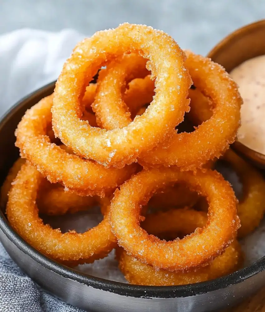 A black bowl filled with a stack of golden, crispy onion rings made in an air fryer, with a creamy dipping sauce in the background.