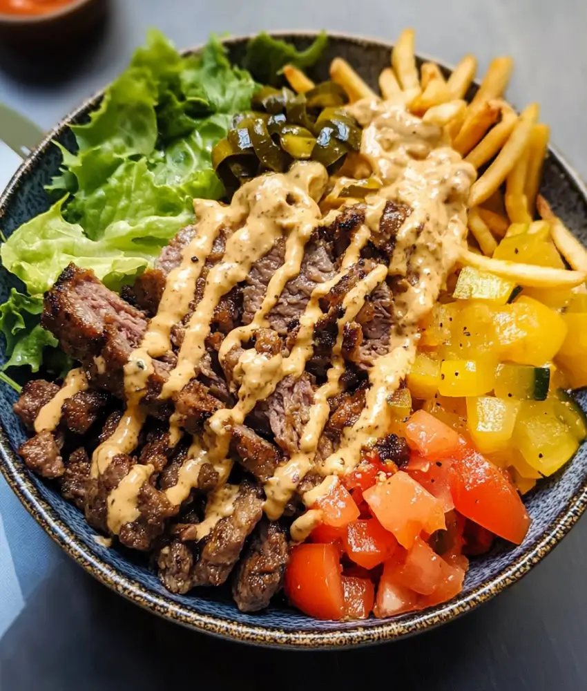 A loaded steak burger bowl featuring grilled steak slices, crispy French fries, fresh lettuce, diced tomatoes, pickled jalapeños, yellow bell peppers, and creamy sauce drizzled on top.