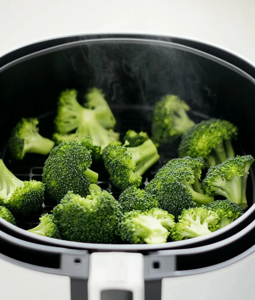 Fresh broccoli florets steaming inside an air fryer basket during cooking.